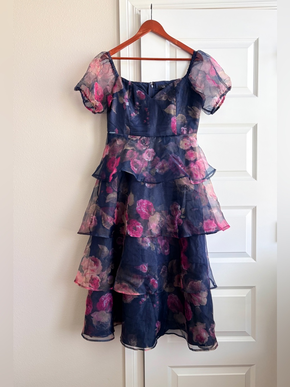 Lulus Navy Pink Floral Tiered Organza Puff Sleeve Dress L *tear